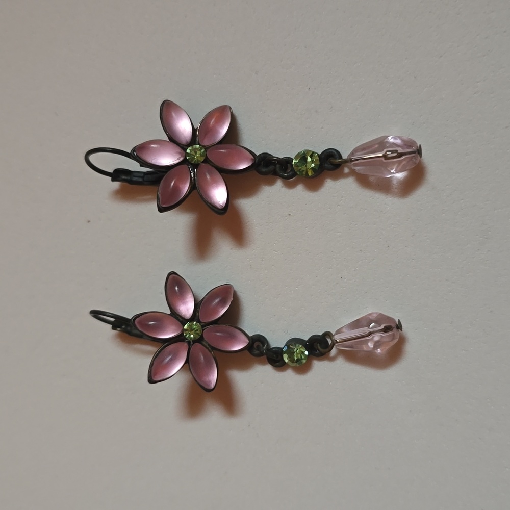 Pink flower earrings with green accents